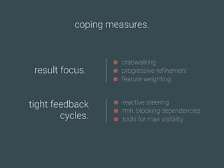 coping measures.
result focus.
crabwalking
progressive reﬁnement
feature weighting
tight feedback  
cycles.
reactive steering
min. blocking dependencies
tools for max visibility
 