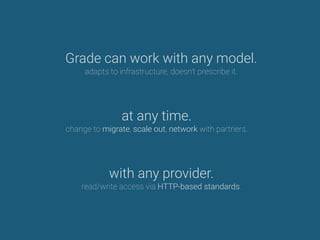 Grade can work with any model.
adapts to infrastructure, doesn’t prescribe it.
at any time.
change to migrate, scale out, network with partners.
with any provider.
read/write access via HTTP-based standards.
 
