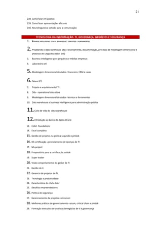 21

238. Como falar em público
239. Como fazer apresentações eficazes
240. Neurolinguistica voltado para a comunicação
     TI, TI,

         TECNOLOGIA DA INFORMAÇÃO- TI, GOVERNAÇA, NEGÓCIOS E SEGURANÇA
1.   BUSINESS INTELLIGENCE E DATA WAREHOUSE : CONCEITOS E FUNDAMENTOS


2. Projetando o data warehouse (dw): levantamento, documentação, processo de modelagem dimencional e
     processo de carga dos dados (etl)

3.   Business intelligence para pequenas e médias empresas

4.   Laboratório etl


5. Modelagem dimencional de dados- financeiro, CRM e cases
6. Talend ETI
7.   Projeto e arquitetura de ETI

8.   Ods – operational data store

9.   Modelagem dimensional de dados- técnicas e ferramentas

10. Data warehouse e business intelligence para administração pública


11.Ciclo de vida do data warehouse
12.Introdução ao banco de dados Oracle
13. Cobit- foundations
14. Excel completo

15. Gestão de projetos na prática segundo o pmbok
16. Itil certificação- gerenciamento de serviços de TI
17. Ms-project

18. Preparatório para a certificação pmbok
19. Super leader

20. Visão comportamental do gestor de TI
21. Gestão de ti

22. Gerencia de projetos de TI
23. Tecnologia x produtividade
24. Característica do chefe-líder
25. Desafios empreendedores

26. Política de segurança
27. Gerenciamento de projetos com scrum

28. Melhores práticas de gerenciamento- scrum, critical chain e pmbok
29. Formação executiva de analista d enegócios de ti e governança
 