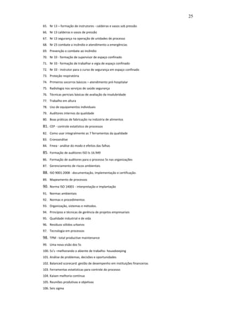 25

65. Nr 13 – formação de instrutores - caldeiras e vasos sob pressão
66. Nr 13 caldeiras e vasos de pressão
67. Nr 13 segurança na operação de unidades de processo
68. Nr 23 combate a incêndio e atendimento a emergências
69. Prevenção e combate ao incêndio
70. Nr 33 - formação de supervisor de espaço confinado
71. Nr 33 - formação de trabalhar e vigia de espaço confinado
72. Nr 33 - instrutor para o curso de segurança em espaço confinado
73. Proteção respiratória
74. Primeiros socorros básicos – atendimento pré-hospitalar
75. Radiologia nos serviços de saúde segurança
76. Técnicas periciais básicas de avaliação da insalubridade
77. Trabalho em altura
78. Uso de equipamentos individuais
79. Auditores internos da qualidade
80. Boas práticas de fabricação na indústria de alimentos

81. CEP - controle estatístico de processos
82. Como usar integralmente as 7 ferramentas da qualidade
83. Cronoanálise
84. Fmea - análise do modo e efeitos das falhas

85. Formação de auditores ISO ts 16.949
86. Formação de auditores para o processo 5s nas organizações
87. Gerenciamento de riscos ambientais

88. ISO 9001:2008 - documentação, implementação e certificação.
89. Mapeamento de processos

90. Norma ISO 14001 - interpretação e implantação
91. Normas ambientais
92. Normas e procedimentos
93. Organização, sistemas e métodos.
94. Princípios e técnicas de gerência de projetos empresariais
95. Qualidade industrial e de vida
96. Resíduos sólidos urbanos
97. Tecnologia em processos

98. TPM - total productive maintenance
99. Uma nova visão dos 5s
100. 5s’s –melhorando o abiente de trabalho- housekeeping
101. Análise de problemas, decisões e oportunidades
102. Balanced scorecard: gestão de desempenho em instituições financeiras
103. Ferramentas estatísticas para controle do processo
104. Kaisen melhoria contínua
105. Reuniões produtivas e objetivas
106. Seis sigma
 