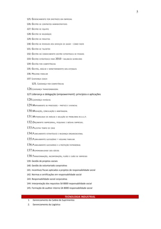 5

125. GERENCIAMENTO      POR DIRETRIZES EM EMPRESAS

126. GESTÃO     DE CONTRATOS ADMINISTRATIVOS

127. GESTÃO     DE EQUIPES

128. GESTÃO     DE MUDANÇAS

129. GESTÃO     DE PROJETOS

130. GESTÃO     DE RESÍDUOS DOS SERVIÇOS DE SAÚDE   - COMO FAZER
131. GESTÃO     DE TALENTOS

132. GESTÃO     DO CONHECIMENTO GESTÃO ESTRATÉGICA DE PESSOAS

133. GESTÃO     ESTRATÉGICA PARA   2010 - BALANCED SCORECARD
134. GESTÃO     POR COMPETÊNCIAS

135. GESTÃO ,   ANÁLISE E MONITORAMENTO DOS ESTOQUES

136. HOLDING     FAMILIAR

137. LIDERANÇA    COACH

      125. LIDERANÇA POR COMPETÊNCIAS
126.LIDERANÇA TRANSFORMADORA
127.Liderança e delegação (empowerment): princípios e aplicações

128.LIDERANÇA VIVENCIAL
129.MAPEAMENTO DE PROCESSOS - PRÁTICO E VIVENCIAL
130.MEDIAÇÃO, CONCILIAÇÃO E ARBITRAGEM.
131.METODOLOGIA DE ANÁLISE E SOLUÇÃO DE PROBLEMAS M.A.S.P.
132.ORÇAMENTO EMPRESARIAL , PEQUENAS E MÉDIAS EMPRESAS .
133.PALESTRA TEMPO DE CRISE
134.PLANEJAMENTO ESTRATÉGICO E MUDANÇA ORGANIZACIONAL
135.PLANEJAMENTO SUCESSÓRIO – HOLDING FAMILIAR
136.PLANEJAMENTO SUCESSÓRIO E A PROTEÇÃO PATRIMONIAL
137.RESPONSABILIDADE DOS SÓCIOS
138.TRANSFORMAÇÃO , INCORPORAÇÃO, FUSÃO E CISÃO DE EMPRESAS
139. Gestão de projetos sociais
140. Gestão do voluntariado corporativo
141. Incentivos fiscais aplicados a projetos de responsabilidade social
142. Normas e certificações em responsabilidade social
143. Responsabilidade social corporativa
144. Interpretação dos requisitos SA 8000 responsabilidade social
145. Formação de auditor interno SA 8000 responsabilidade social


                                           TECNOLOGIA INDUSTRIAL
 1.   Gerenciamento da Cadeia de Suprimentos
 2.   Gerenciamento da Logística
 