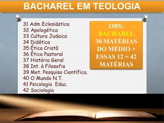 BACHAREL EM TEOLOGIA
31 Adm Eclesiástica
32 Apologética
33 Cultura Judaica
34 Didática
35 Ética Cristã
36 Ética Pastoral
37 História Geral
38 Int. à Filosofia
39 Met. Pesquisa Científica.
40 O Mundo N.T.
41 Psicologia Educ.
42 Sociologia
OBS:
BACHAREL
30 MATÉRIAS
DO MÉDIO +
ESSAS 12 = 42
MATÉRIAS
 
