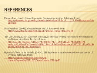 REFERENCES
Flowerdew, J. (n.d). Concordancing in Language Learning. Retrieved from:
   http://citeseerx.ist.psu.edu/viewdoc/download?doi=10.1.1.127.3263&rep=rep1&t
   ype=pdf

Nick Peachey. (2005). Concordancer in ELT. Retrieved from:
   http://www.teachingenglish.org.uk/articles/concordancers-elt

Yin Lin Cheung. (2004).Teacher training for effective writing instruction: Recent trends
   and future directions. Retrieved from:
   http://ac.els-cdn.com/S1060374307000471/1-s2.0-S1060374307000471-
   main.pdf?_tid=433e2eec6f40dff20f134af18cbd6d40&acdnat=1335231119_62614e
   1d4ac2888f6317bb7acddbcc04

Hyunsook Yoon. Alan Hirvela. (2004). ESL Students attitudes towards corpus use in L2
   writing. Retrieved from:
   http://englishteachersplace.com/wp-
   content/uploads/2011/09/YoonHirvela_2004.pdf
 