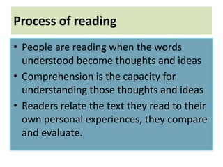 Process of reading
• People are reading when the words
understood become thoughts and ideas
• Comprehension is the capacity for
understanding those thoughts and ideas
• Readers relate the text they read to their
own personal experiences, they compare
and evaluate.
 