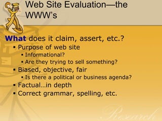 Web Site Evaluation—the WWW’sWho says it?Author or sponsor?