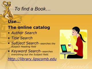 Books!Reference Books:use in library onlyGeneral Collection:check out for 4 weekseBooks:must create username and password on netlibrary.com from a Lipscomb computer before using 1st time!access and read online from any computer, anywhere!