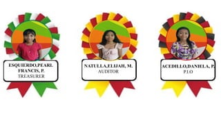 ESQUIERDO,PEARL
FRANCIS, P.
TREASURER
NATULLA,ELIJAH, M.
AUDITOR
ACEDILLO,DANIELA, P.
P.I.O
 