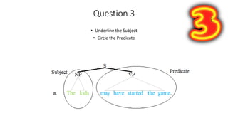 Question 3
• Underline the Subject
• Circle the Predicate
 