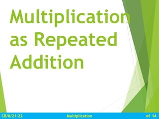 Multiplication
CB/II/21-22 of 14
Multiplication
as Repeated
Addition
1
 
