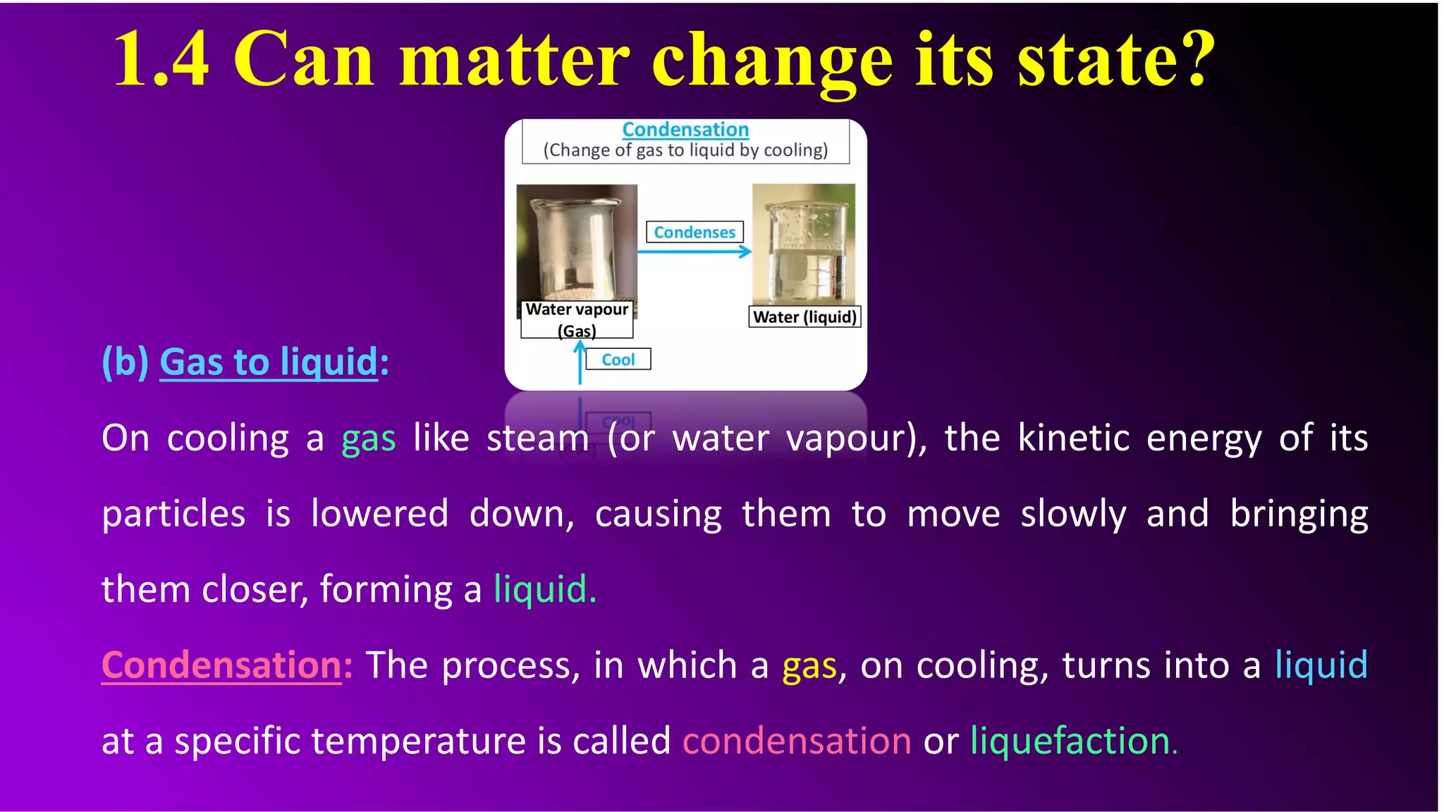 1.4 Can matter change its state?
(b) Gas to liquid:
On cooling a gas like steam (or water vapour), the kinetic energy of its
particles is lowered down, causing them to move slowly and bringing
them closer, forming a liquid.
Condensation: The process, in which a gas, on cooling, turns into a liquid
at a specific temperature is called condensation or liquefaction..
 