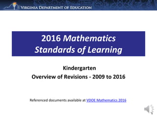 Kindergarten
Overview of Revisions - 2009 to 2016
2016 Mathematics
Standards of Learning
1
Referenced documents available at VDOE Mathematics 2016
 