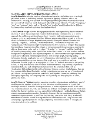 Georgia Department of Education
                      Common Core Georgia Performance Standards Framework
                                    Third Grade Mathematics • Teaching Guide

MATHEMATICS DEPTH-OF-KNOWLEDGE LEVELS
Level 1 (Recall) includes the recall of information such as a fact, definition, term, or a simple
procedure, as well as performing a simple algorithm or applying a formula. That is, in
mathematics a one-step, well-defined, and straight algorithmic procedure should be included at
this lowest level. Other key words that signify a Level 1 include “identify,” “recall,” “recognize,”
“use,” and “measure.” Verbs such as “describe” and “explain” could be classified at different
levels depending on what is to be described and explained.

Level 2 (Skill/Concept) includes the engagement of some mental processing beyond a habitual
response. A Level 2 assessment item requires students to make some decisions as to how to
approach the problem or activity, whereas Level 1 requires students to demonstrate a rote
response, perform a well-known algorithm, follow a set procedure (like a recipe), or perform a
clearly defined series of steps. Keywords that generally distinguish a Level 2 item include
“classify,” “organize,” ”estimate,” “make observations,” “collect and display data,” and
“compare data.” These actions imply more than one step. For example, to compare data requires
first identifying characteristics of the objects or phenomenon and then grouping or ordering the
objects. Some action verbs, such as “explain,” “describe,” or “interpret” could be classified at
different levels depending on the object of the action. For example, if an item required students
to explain how light affects mass by indicating there is a relationship between light and heat, this
is considered a Level 2. Interpreting information from a simple graph, requiring reading
information from the graph, also is a Level 2. Interpreting information from a complex graph that
requires some decisions on what features of the graph need to be considered and how
information from the graph can be aggregated is a Level 3. Caution is warranted in interpreting
Level 2 as only skills because some reviewers will interpret skills very narrowly, as primarily
numerical skills, and such interpretation excludes from this level other skills such as
visualization skills and probability skills, which may be more complex simply because they are
less common. Other Level 2 activities include explaining the purpose and use of experimental
procedures; carrying out experimental procedures; making observations and collecting data;
classifying, organizing, and comparing data; and organizing and displaying data in tables,
graphs, and charts.

Level 3 (Strategic Thinking) requires reasoning, planning, using evidence, and a higher level of
thinking than the previous two levels. In most instances, requiring students to explain their
thinking is a Level 3. Activities that require students to make conjectures are also at this level.
The cognitive demands at Level 3 are complex and abstract. The complexity does not result from
the fact that there are multiple answers, a possibility for both Levels 1 and 2, but because the task
requires more demanding reasoning. An activity, however, that has more than one possible
answer and requires students to justify the response they give would most likely be a Level 3.
Other Level 3 activities include drawing conclusions from observations; citing evidence and
developing a logical argument for concepts; explaining phenomena in terms of concepts; and
using concepts to solve problems.



                               MATHEMATICS GRADE 3 Teaching Guide
                                      Georgia Department of Education
                               Dr. John D. Barge, State School Superintendent
                                         April 2012 Page 45 of 55
                                            All Rights Reserved
 