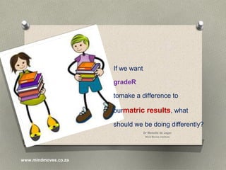 Dr Melodie de Jager
Mind Moves Institute
If we want
gradeR
tomake a difference to
ourmatric results, what
should we be doing differently?
www.mindmoves.co.za
 