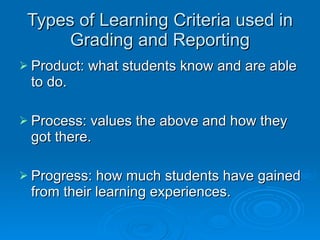 Types of Learning Criteria used in Grading and Reporting Product: what students know and are able to do. Process: values the above and how they got there. Progress: how much students have gained from their learning experiences. 