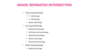 GRADE SEPARATED INTERSECTION
• Three Leg Interchange
• T – Interchange
• Y – Interchange
• Rotary interchange
• Four Leg Interchange
• Diamond Interchange
• Half Clover Leaf Interchange
• Cloverleaf Interchange
• Rotary Interchange
• Directional Interchange
• Multi- Leg Interchange
• Rotary Interchange
 