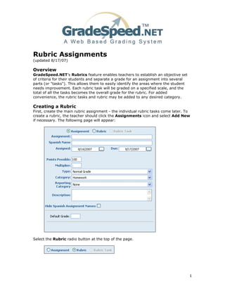 Rubric Assignments
(updated 8/17/07)

Overview
GradeSpeed.NET’s Rubrics feature enables teachers to establish an objective set
of criteria for their students and separate a grade for an assignment into several
parts (or "tasks"). This allows them to easily identify the areas where the student
needs improvement. Each rubric task will be graded on a specified scale, and the
total of all the tasks becomes the overall grade for the rubric. For added
convenience, the rubric tasks and rubric may be added to any desired category.

Creating a Rubric
First, create the main rubric assignment - the individual rubric tasks come later. To
create a rubric, the teacher should click the Assignments icon and select Add New
if necessary. The following page will appear:




Select the Rubric radio button at the top of the page.




                                                                                      1
 
