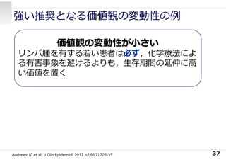 強い推奨となる価値観の変動性の例
37
価値観の変動性が⼩さい
リンパ腫を有する若い患者は必ず，化学療法によ
る有害事象を避けるよりも，⽣存期間の延伸に⾼
い価値を置く
Andrews JC et al: J Clin Epidemiol. 2013 Jul;66(7):726-35.
 