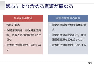観点により含める資源が異なる
58
社会全体の観点
• 幅広い観点
• 保健医療資源，⾮保健医療資
源，患者と家族の資源などを
含む
• 患者⾃⼰負担割合に依存しな
い
保健医療制度の観点
• 保健医療制度が負う費⽤の観
点
• 保健医療資源を含むが，⾮保
健医療資源などを含まない
• 患者⾃⼰負担割合に依存する
 