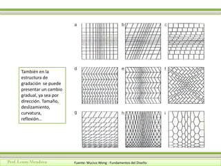 También en la
estructura de
gradación se puede
presentar un cambio
gradual, ya sea por
dirección. Tamaño,
deslizamiento,
curvatura,
reflexión…




                      Fuente: Wucius Wong - Fundamentos del Diseño
 