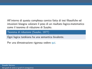 All’interno di questa complessa cornice fatta di tesi ﬁlosoﬁche ed
      intuizioni bisogna valutare il peso di un risultato logico-matematico
      come il teorema di riduzione di Suszko.
      Teorema di riduzione (Suszko, 1977)
      Ogni logica tarskiana ha una semantica bivalente.

      Per una dimostrazione rigorosa vedere qui.




Rossella Marrano
Dai gradi di verità ai gradi di conseguenza
 