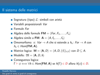 Il sistema delle matrici

              Segnatura (tipo) L: simboli con arietà
              Variabili proposizionali Var
              Formule For
              Algebra delle formule FM = For , F1 , . . . , Fn
              Algebra simile a FM: A = A, f1 , . . . , fn
              Omomorﬁsmo: s : Var → A che si estende a hs : For → A con
              hs ∈ Hom(FM, A).
              Matrice logica: M = A, D = A, D, {fi }i∈I con D ⊆ A.
              Modello: M = A, D, h
              Conseguenza logica:
              Γ φ ⇐⇒ ∀h ∈ Hom(FM, A) se h(Γ) ∈ D allora h(φ) ∈ D.

Rossella Marrano
Dai gradi di verità ai gradi di conseguenza
 