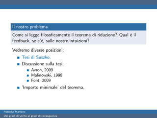 Il nostro problema
      Come si legge ﬁlosoﬁcamente il teorema di riduzione? Qual è il
      feedback, se c’è, sulle nostre intuizioni?
      Vedremo diverse posizioni:
              Tesi di Suszko.
              Discussione sulla tesi.
                      Avron, 2009
                      Malinowski, 1990
                      Font, 2009
              ‘Importo minimale’ del teorema.




Rossella Marrano
Dai gradi di verità ai gradi di conseguenza
 