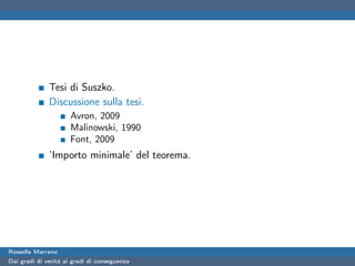 Tesi di Suszko.
              Discussione sulla tesi.
                      Avron, 2009
                      Malinowski, 1990
                      Font, 2009
              ‘Importo minimale’ del teorema.




Rossella Marrano
Dai gradi di verità ai gradi di conseguenza
 