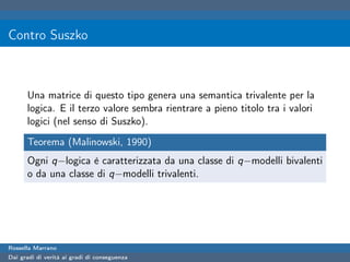 Contro Suszko



      Una matrice di questo tipo genera una semantica trivalente per la
      logica. E il terzo valore sembra rientrare a pieno titolo tra i valori
      logici (nel senso di Suszko).
      Teorema (Malinowski, 1990)
      Ogni q−logica è caratterizzata da una classe di q−modelli bivalenti
      o da una classe di q−modelli trivalenti.




Rossella Marrano
Dai gradi di verità ai gradi di conseguenza
 