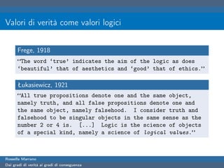 Valori di verità come valori logici


      Frege, 1918
      “The word ‘true’ indicates the aim of the logic as does
      ‘beautiful’ that of aesthetics and ‘good’ that of ethics.”

      Łukasiewicz, 1921
      “All true propositions denote one and the same object,
      namely truth, and all false propositions denote one and
      the same object, namely falsehood. I consider truth and
      falsehood to be singular objects in the same sense as the
      number 2 or 4 is. [...] Logic is the science of objects
      of a special kind, namely a science of logical values.”



Rossella Marrano
Dai gradi di verità ai gradi di conseguenza
 