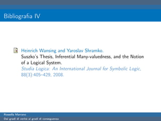 Bibliograﬁa IV




             Heinrich Wansing and Yaroslav Shramko.
             Suszko’s Thesis, Inferential Many-valuedness, and the Notion
             of a Logical System.
             Studia Logica: An International Journal for Symbolic Logic,
             88(3):405–429, 2008.




Rossella Marrano
Dai gradi di verità ai gradi di conseguenza
 