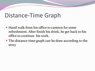 Distance-Time GraphHanif walk from his office to canteen for some refreshment. After finish his drink, he get back to his office to continue  his work.The distance-time graph can be draw according to the story