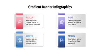 Gradient Banner Infographics
MARS
Despite being red,
Mars is actually a
cold place
SATURN
Yes, Saturn is the
ringed one. It’s a
gas giant
MERCURY
Mercury is the
closest planet to
the Sun of them all
JUPITER
Jupiter is a gas
giant and the
biggest planet
 