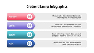 Gradient Banner Infographics
01Mercury
04Mars
02Venus
03Saturn
Mercury is the closest one and also is the
smallest planet in our Solar System
Venus has a beautiful name and is the
second planet from the Sun. It’s terribly hot
Despite being red, Mars is actually a cold
place full of iron oxide dust
Saturn is the ringed planet. It’s a gas giant,
composed mostly of hydrogen and helium
 
