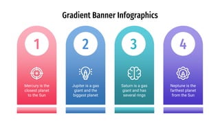 Gradient Banner Infographics
Neptune is the
farthest planet
from the Sun
4
Mercury is the
closest planet
to the Sun
1
Saturn is a gas
giant and has
several rings
3
Jupiter is a gas
giant and the
biggest planet
2
 