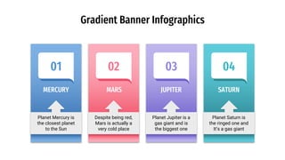 Gradient Banner Infographics
MERCURY
01
MARS
02
JUPITER
03
SATURN
04
Planet Mercury is
the closest planet
to the Sun
Despite being red,
Mars is actually a
very cold place
Planet Jupiter is a
gas giant and is
the biggest one
Planet Saturn is
the ringed one and
It’s a gas giant
 