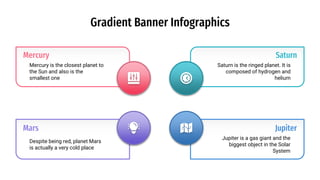 Gradient Banner Infographics
Saturn is the ringed planet. It is
composed of hydrogen and
helium
Saturn
Despite being red, planet Mars
is actually a very cold place
Mars
Jupiter is a gas giant and the
biggest object in the Solar
System
Jupiter
Mercury is the closest planet to
the Sun and also is the
smallest one
Mercury
 