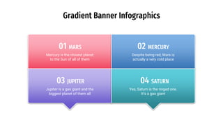 Gradient Banner Infographics
MARS01
Mercury is the closest planet
to the Sun of all of them
MERCURY02
Despite being red, Mars is
actually a very cold place
JUPITER03
Jupiter is a gas giant and the
biggest planet of them all
SATURN04
Yes, Saturn is the ringed one.
It’s a gas giant
 