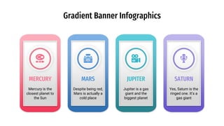 Gradient Banner Infographics
SATURNMERCURY MARS JUPITER
Yes, Saturn is the
ringed one. It’s a
gas giant
Mercury is the
closest planet to
the Sun
Despite being red,
Mars is actually a
cold place
Jupiter is a gas
giant and the
biggest planet
 