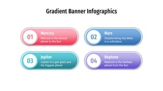 Gradient Banner Infographics
01
03
02
04
Mercury is the closest
planet to the Sun
Mercury
Despite being red, Mars
is a cold place
Mars
Jupiter is a gas giant and
the biggest planet
Jupiter
Neptune is the farthest
planet from the Sun
Neptune
 