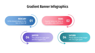 Gradient Banner Infographics
MERCURY
Is the closest planet to the
Sun of them all
01
JUPITER
This planet is a gas giant
and the biggest one
04
SATURN
Planet Saturn is the ringed
one. It’s a gas giant
04
MARS
Despite being red, Mars is
actually a very cold place
02
 