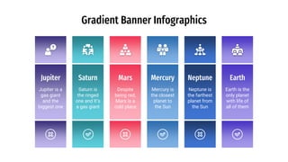 Gradient Banner Infographics
Jupiter
Jupiter is a
gas giant
and the
biggest one
Saturn
Saturn is
the ringed
one and It’s
a gas giant
Mercury
Mercury is
the closest
planet to
the Sun
Mars
Despite
being red,
Mars is a
cold place
Neptune
Neptune is
the farthest
planet from
the Sun
Earth
Earth is the
only planet
with life of
all of them
 