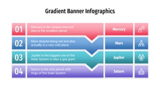 Gradient Banner Infographics
01 Mercury is the closest one and
also is the smallest planet
02 Mars despite being red and also
actually is a very cold place
04 Saturn is the only planet with
rings of the Solar System
03 Jupiter is the biggest one of the
Solar System is also a gas giant
Mercury
Mars
Jupiter
Saturn
 