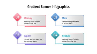 Gradient Banner Infographics
01
Mercury is the closest
planet to the Sun
Mercury 02
Despite being red, Mars
is a cold place
Mars
03
Jupiter is a gas giant and
the biggest planet
Jupiter 04
Neptune is the farthest
planet from the Sun
Neptune
 