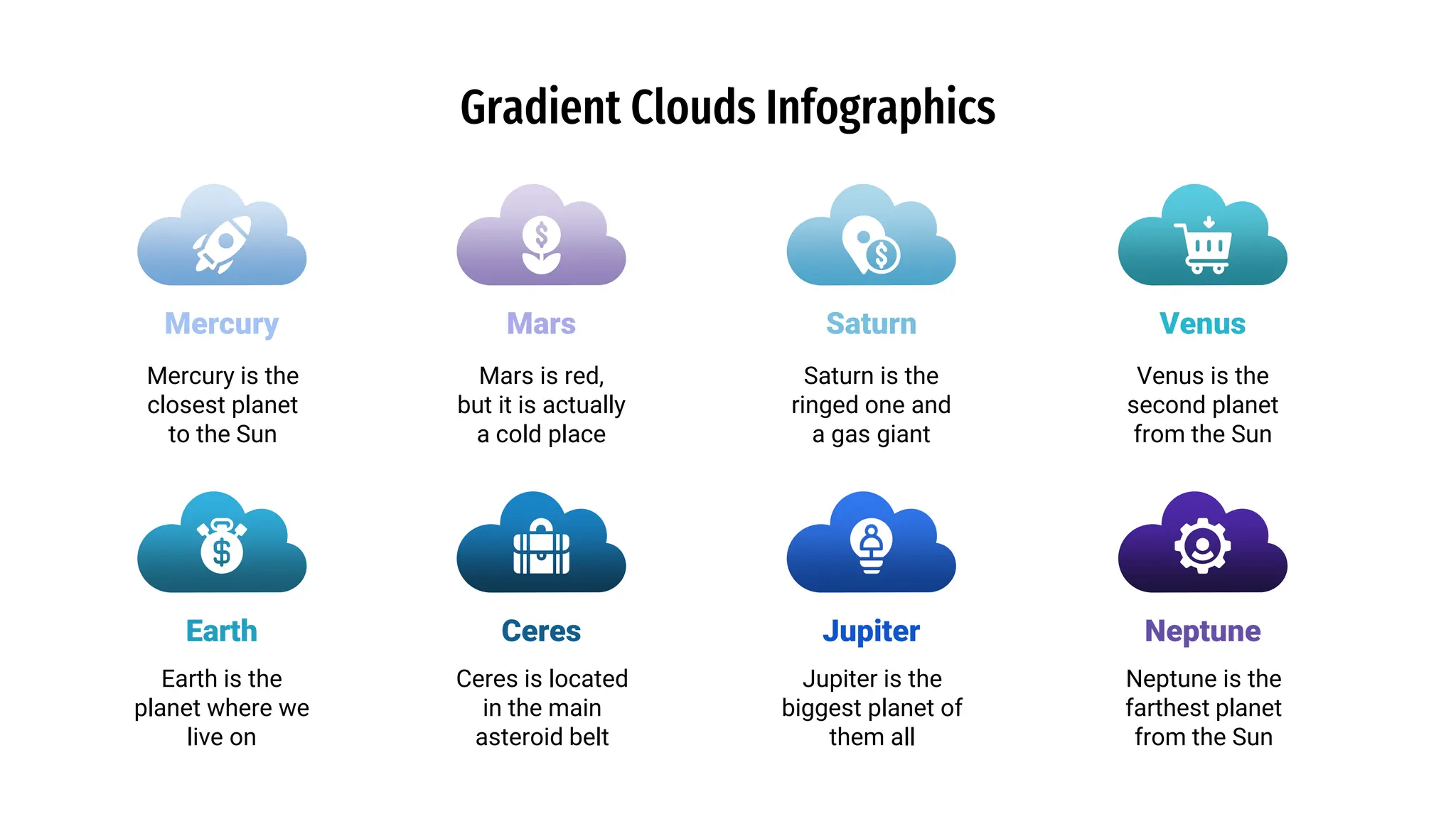 Gradient Clouds Infographics
Mercury is the
closest planet
to the Sun
Mars is red,
but it is actually
a cold place
Venus is the
second planet
from the Sun
Saturn is the
ringed one and
a gas giant
Jupiter is the
biggest planet of
them all
Neptune is the
farthest planet
from the Sun
Ceres is located
in the main
asteroid belt
Earth is the
planet where we
live on
Mercury Mars Saturn Venus
Earth Ceres Jupiter Neptune
 