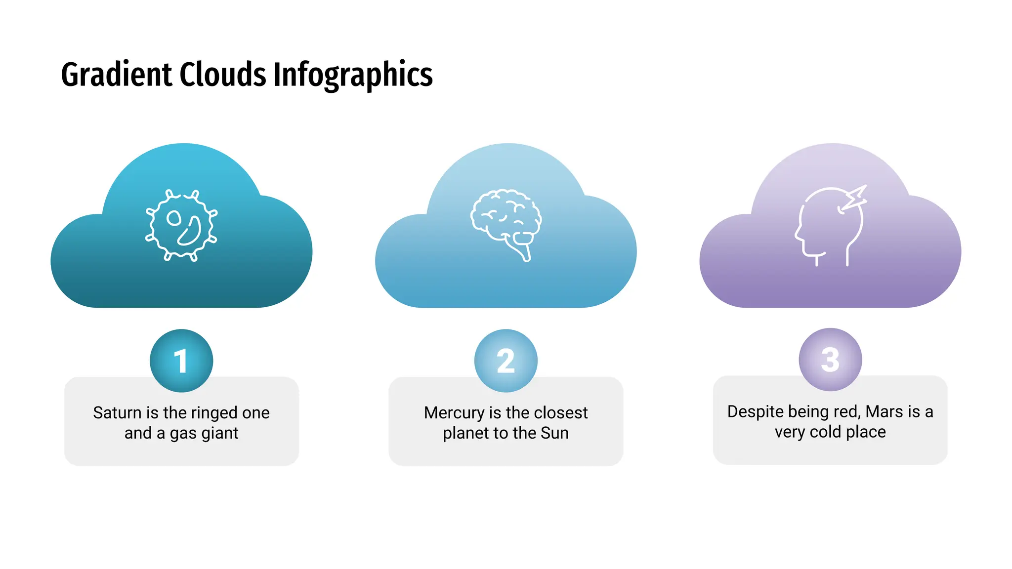Gradient Clouds Infographics
1
Saturn is the ringed one
and a gas giant
2
Mercury is the closest
planet to the Sun
3
Despite being red, Mars is a
very cold place
 
