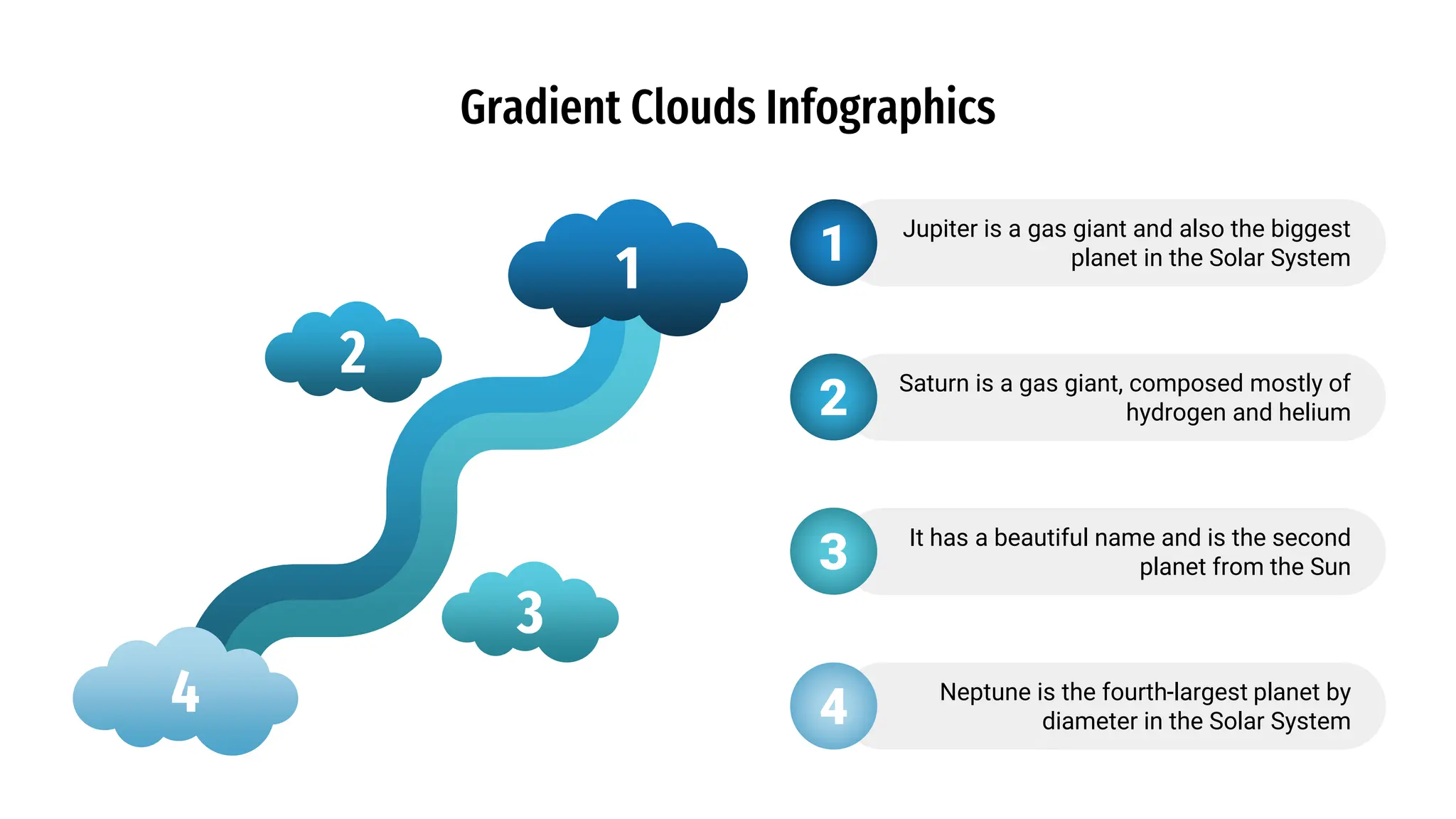 Gradient Clouds Infographics
Jupiter is a gas giant and also the biggest
planet in the Solar System
Saturn is a gas giant, composed mostly of
hydrogen and helium
It has a beautiful name and is the second
planet from the Sun
1
2
3
Neptune is the fourth-largest planet by
diameter in the Solar System
4
1
4
2
3
 