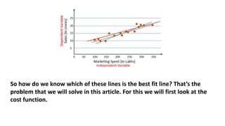 So how do we know which of these lines is the best fit line? That’s the
problem that we will solve in this article. For this we will first look at the
cost function.
 