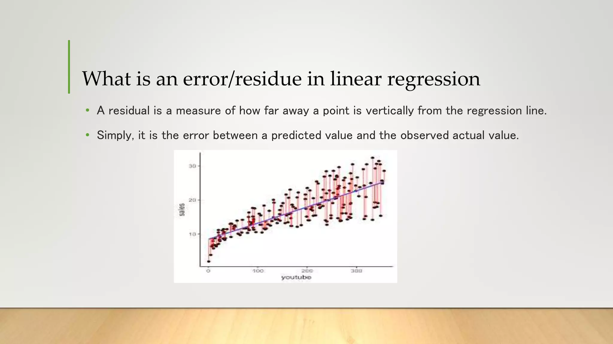 What is an error/residue in linear regression
• A residual is a measure of how far away a point is vertically from the regression line.
• Simply, it is the error between a predicted value and the observed actual value.
 