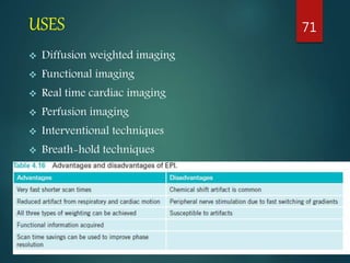 USES
 Diffusion weighted imaging
 Functional imaging
 Real time cardiac imaging
 Perfusion imaging
 Interventional techniques
 Breath-hold techniques
71
 