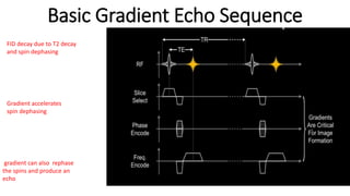 Basic Gradient Echo Sequence
FID decay due to T2 decay
and spin dephasing
Gradient accelerates
spin dephasing
gradient can also rephase
the spins and produce an
echo
 
